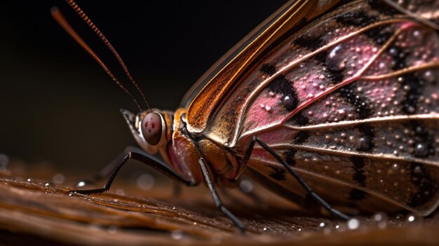 A butterfly with a pink and blue wings is on a brown surface.