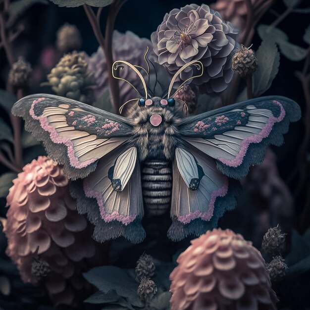 A butterfly with a pink and white wings is on a flower.