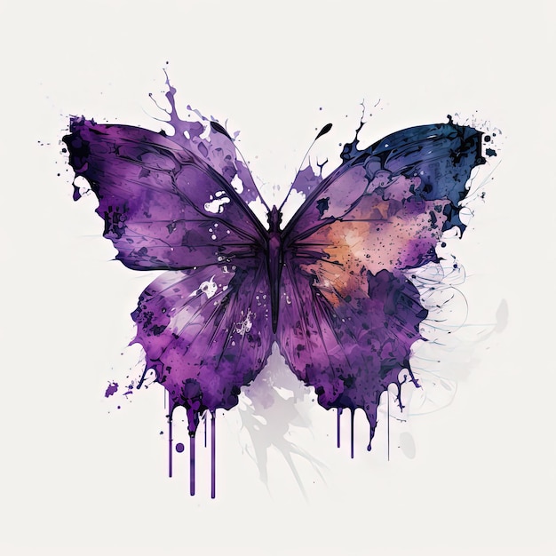 A butterfly with purple and orange wings is painted with blots and blots.