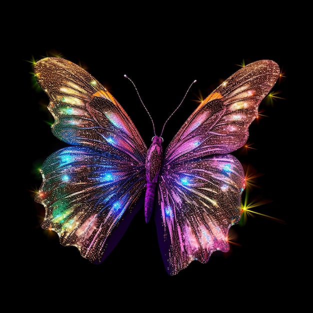 A butterfly with a rainbow colored body and the word " light " on it.