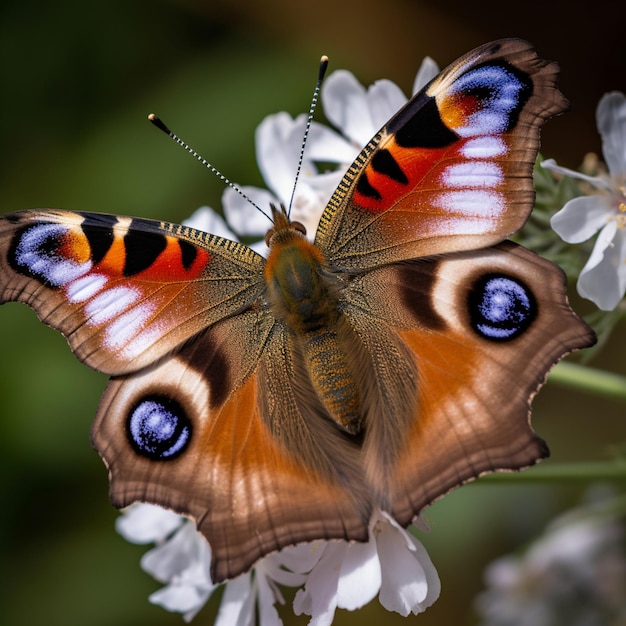 A butterfly with red and black markings on its wings is on a white flower.