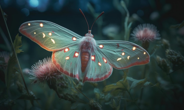 A butterfly with a red and green wings is illuminated by the light of the night sky.