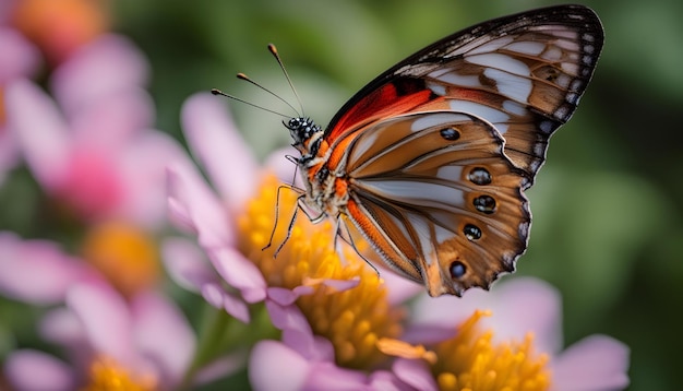 a butterfly with a red tail is on a purple flower