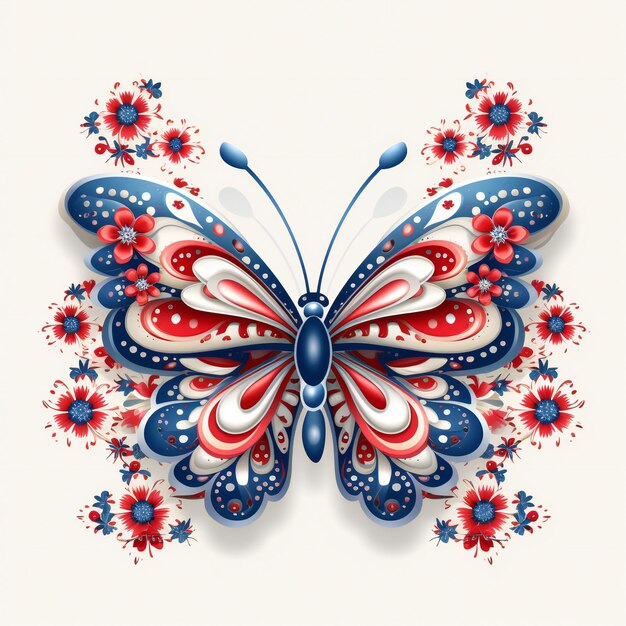 a butterfly with red white and blue flowers and a butterfly