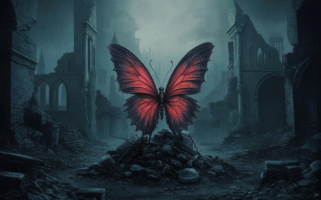 a butterfly with a red wings sits on a rock in front of a ruined building