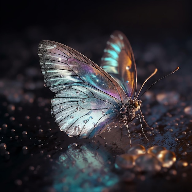 A butterfly with white wings is laying on a black surface with a black background