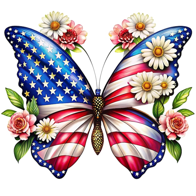 A butterfly with wings adorned in the pattern of the American flag white flowers