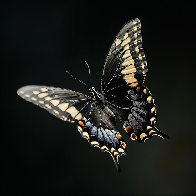 a butterfly with yellow and black wings is shown