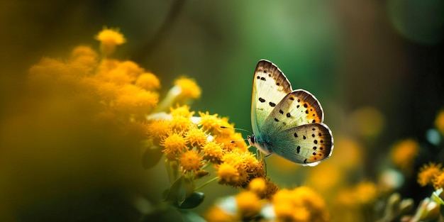 A butterfly with yellow flowers in the blurry background