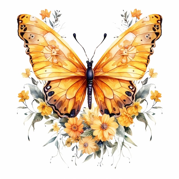 A butterfly with yellow flowers on it