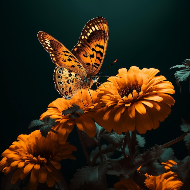 Butterfly on a yellow flower in the style of earthy color palette