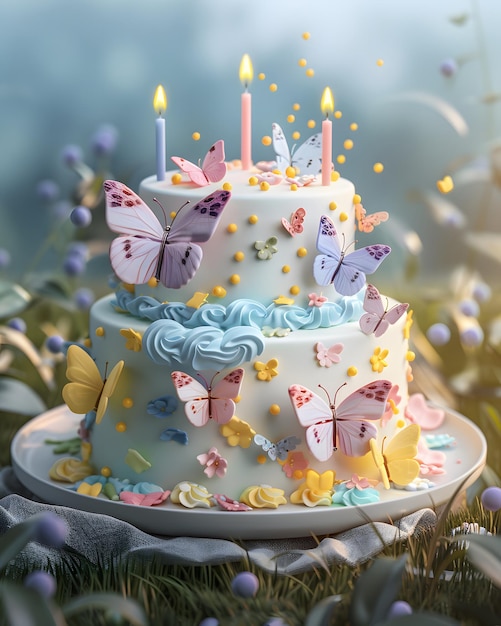 Butterflyadorned Birthday Cake with Candles Generative Ai