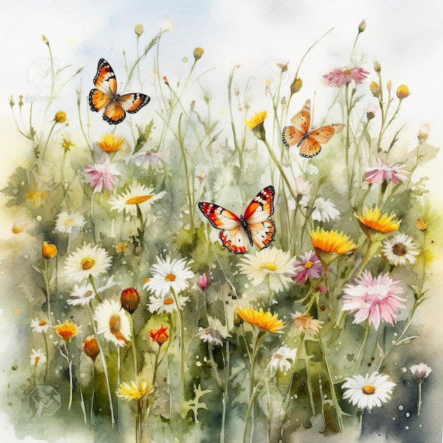 Butterflys in a field of spring wildflowers watercolour blank white background generat ai