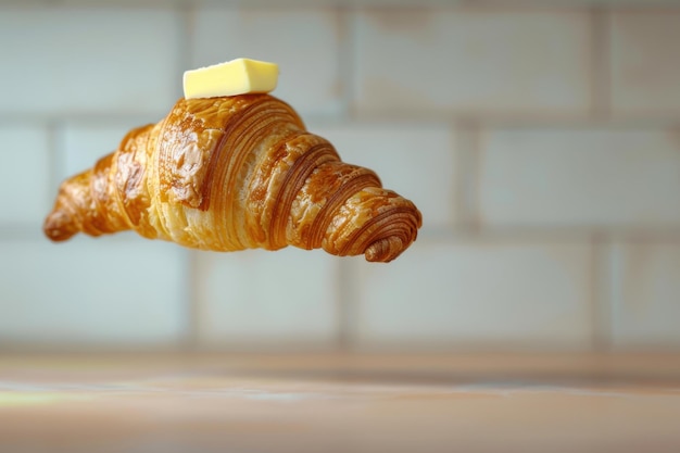 Photo buttery croissant with flaky layers and a pat of butter on top for gourmet pastry photography