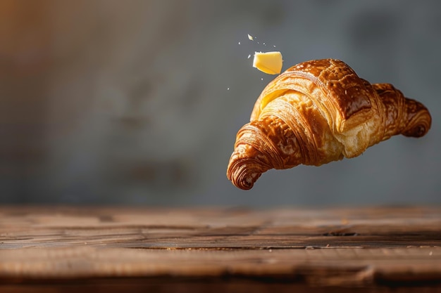 Photo buttery croissant with flaky layers and a pat of butter on top for gourmet pastry photography