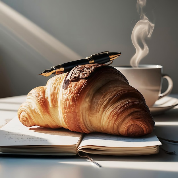 Photo a buttery croissant a writers journal and the promise of a new day