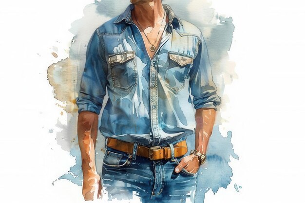 Photo buttondown shirt and jeans classic and stylish white background watercolor style