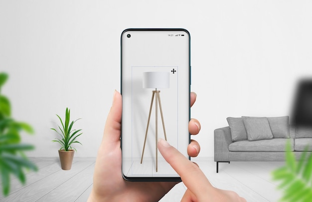 Buying furniture with augmented reality app concept Woman sets up a lamp in her living room with smart phone