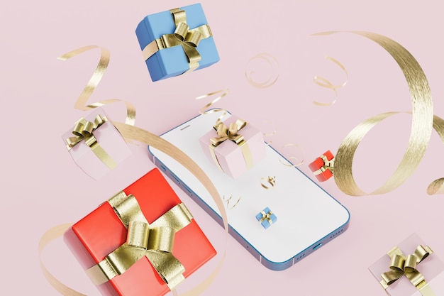 Buying gifts online smartphone and gift boxes on a pastel background 3D render