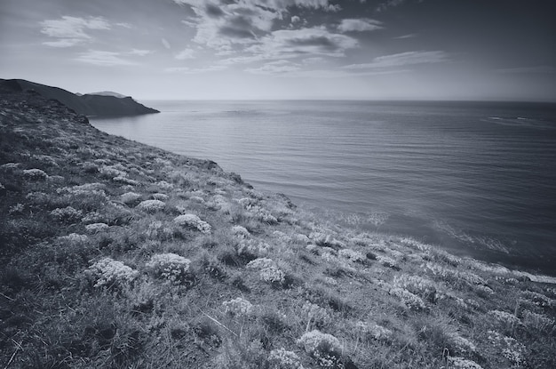 BW mountain and sea landscape