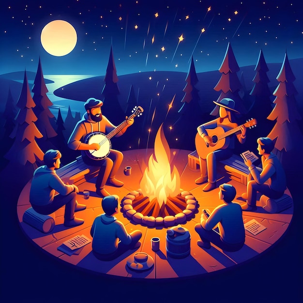 Photo by the flickering glow of a campfire under a starlit sky isometric style of a banjo being played e