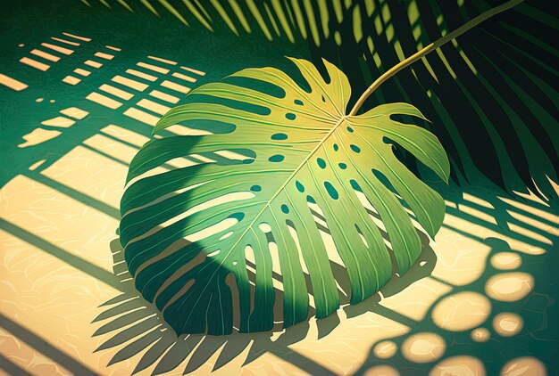 By a pool a palm leaf in shade is illuminated by the sun