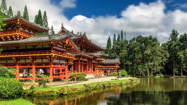 Byodo-in japanese temple with a pond and blue sky in Kaneohe, Hawaii