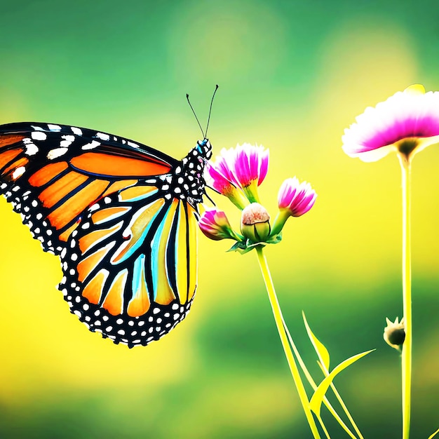 ca butterfly is flying over a flower with a butterfly on it