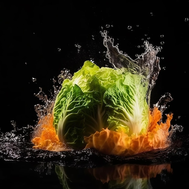 Cabbage in the clash of water and fire on black background