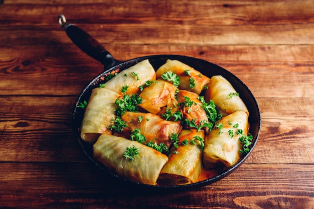 Cabbage Rolls Stuffed with Minced Meat in Frying Pan