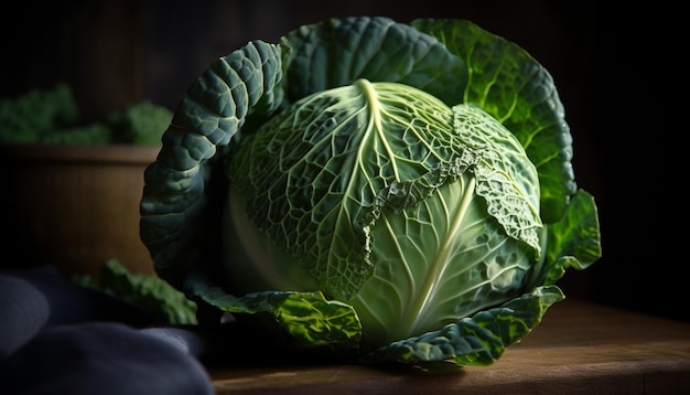 A cabbage sits on a wooden table.