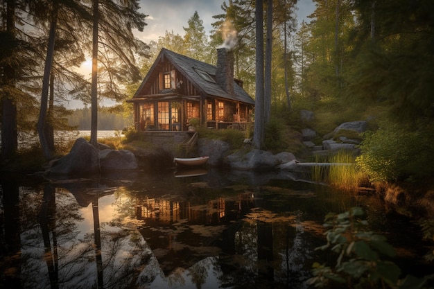 A cabin by the lake in the forest