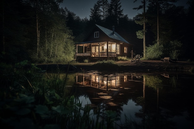 A cabin by the lake at night with lights on