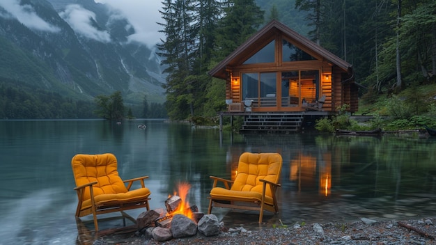 Photo cabin by the lake with chairs and a fire pit