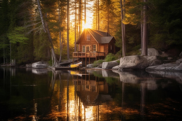 A cabin by the lake with a lake in the background