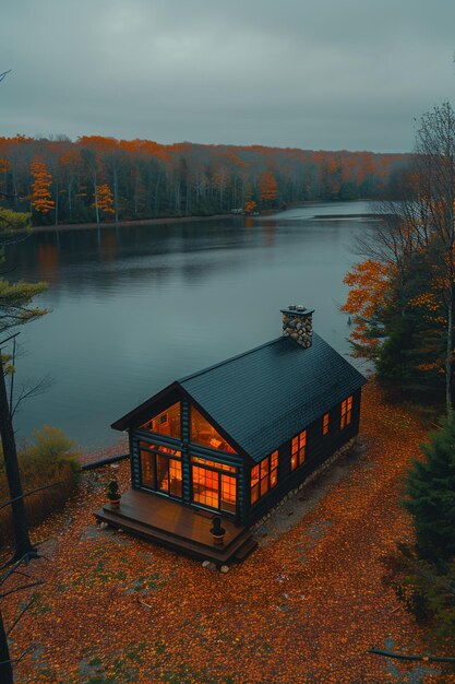 Photo a cabin by the lake with the lights on