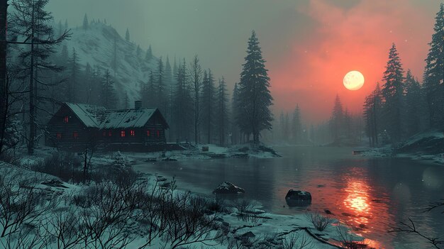 a cabin by the lake with the sun setting behind it