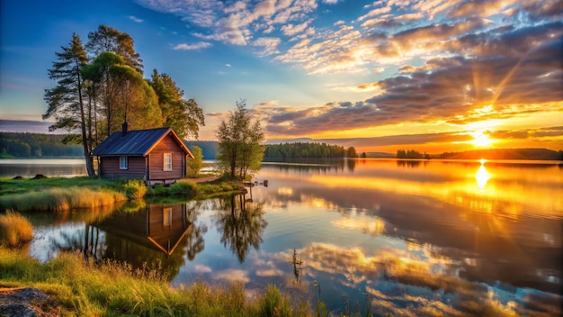 a cabin by the lake with a sunset and a boat in the water