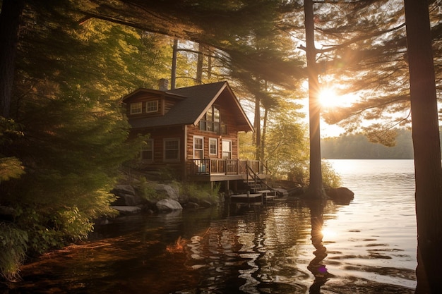 A cabin by the water at sunset