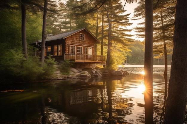 A cabin by the water at sunset