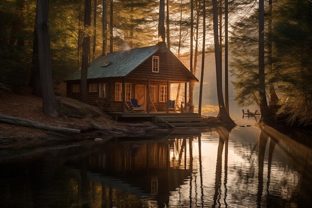 A cabin by the water with a lake in the background