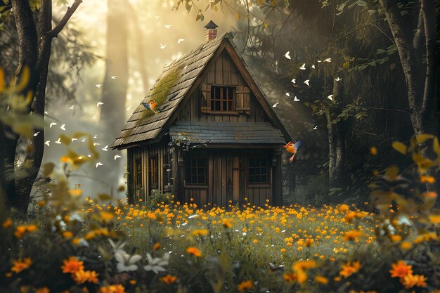 Photo a cabin in a clearing surrounded by flowers trees and birds