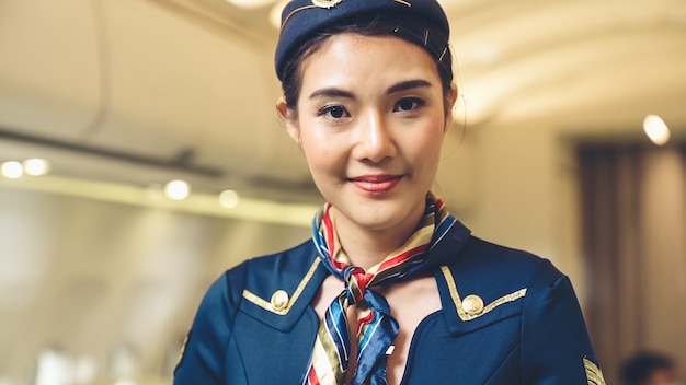 Cabin crew or air hostess working in airplane