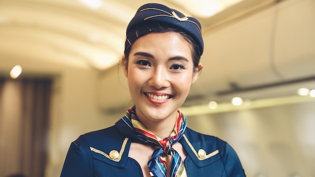 Cabin crew or air hostess working in airplane