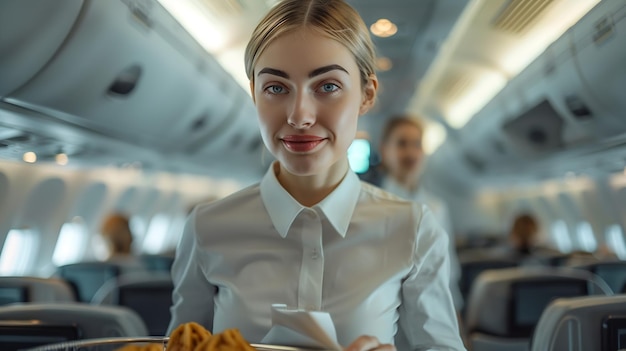 Photo cabin crew pushing service cart and serve to customer on the airplane during flight generative ai