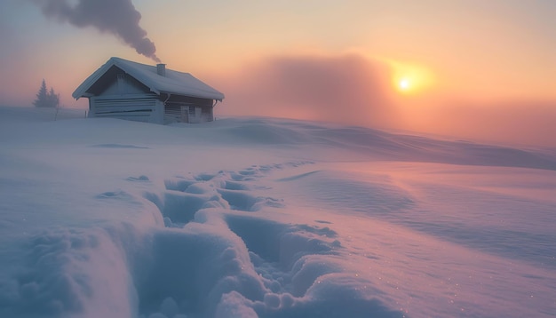 a cabin is shown with snow on the roof