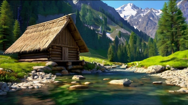 a cabin is surrounded by mountains and trees