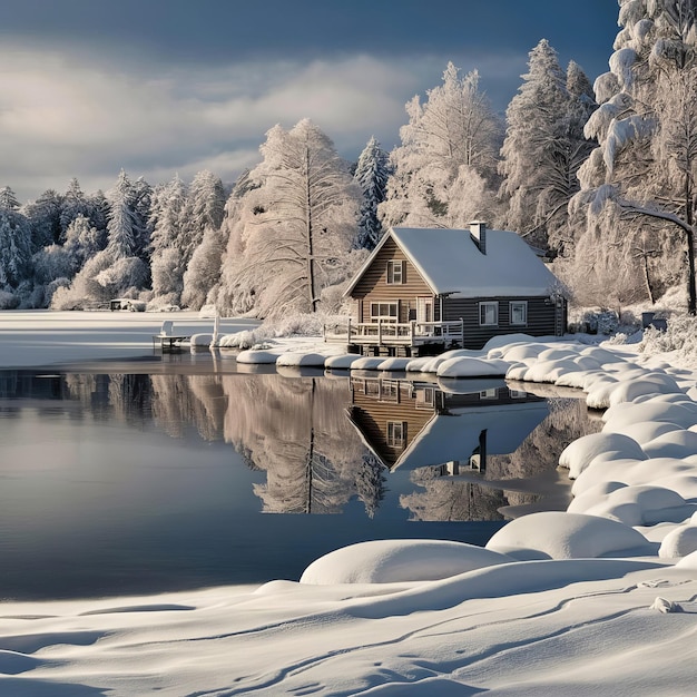 a cabin is surrounded by snow and trees with a lake in the background