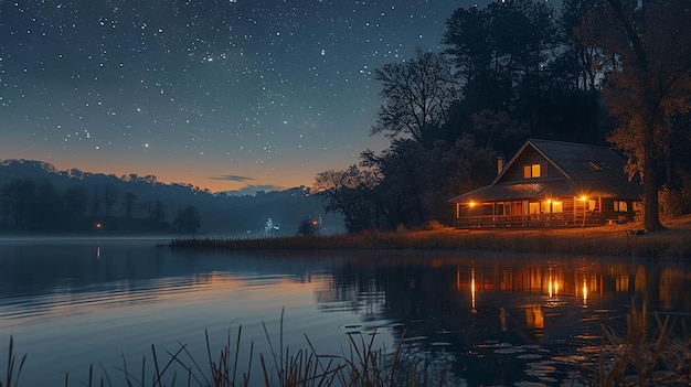 cabin on the lake at night