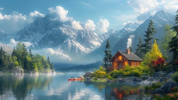 a cabin on a lake with a mountain in the background